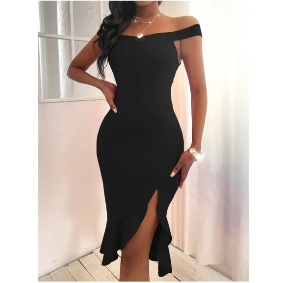 Off Shoulder Black Ruffle Detail Mermaid Dress - Picture 5 of 7